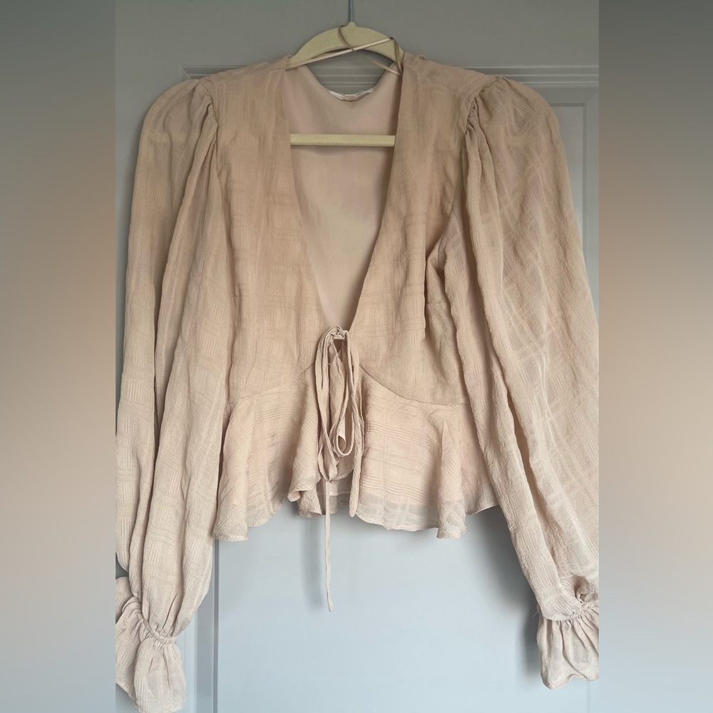 Chic Beige Women's Blouse with Tie Front